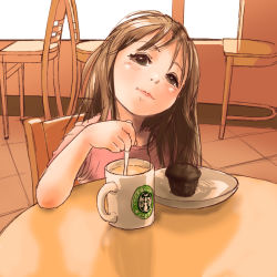 Rule 34 | 1girl, black eyes, blush, brown hair, chair, child, coffee, company name, cup, drink, food, head tilt, logo, looking at viewer, muffin, mug, pink shirt, plate, restaurant, shirt, sitting, smile, solo, spoon, starbucks, stdl, stirring, table, tile floor, tiles