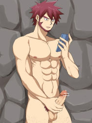 Rule 34 | 1boy, abs, against wall, beard, byron (pokemon), censored, creatures (company), erection, facial hair, game freak, hand on penis, male focus, masturbation, muscular, nintendo, nipples, outdoors, pectorals, penis, penis grab, phone, pokemon, pokkor0123, pubic hair, purple hair, solo, tagme, testicles