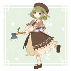 Rule 34 | 1girl, axe, beret, blunt bangs, blush, branch, brown capelet, brown dress, brown eyes, brown footwear, brown hat, capelet, closed mouth, commentary, cross, dress, english commentary, full body, green background, green hair, hat, holding, kitagawa sui, leaf, long sleeves, original, pointy ears, shoes, socks, solo, standing, standing on one leg, two-tone background, white background, white dress, white socks