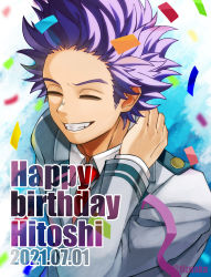 Rule 34 | 1boy, bags under eyes, birthday, boku no hero academia, character name, closed eyes, confetti, dated, english text, foreground text, forehead, from above, hand on own neck, happy birthday, highres, male focus, messy hair, purple eyes, purple hair, school uniform, shinsou hitoshi, short hair, smile, solo, spiked hair, teeth, text focus, tonbanlove, twitter username, u.a. school uniform, upper body