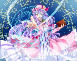 Rule 34 | 1girl, aiming, aiming at viewer, blue background, book, bow, breasts, cleavage, crescent, crescent hair ornament, dress, foreshortening, greek text, hair bow, hair ornament, hand up, hat, hat ribbon, highres, kamitsuki shion, large breasts, light trail, long hair, looking at viewer, magic circle, mob cap, open mouth, outstretched hand, patchouli knowledge, purple eyes, purple hair, ribbon, robe, runes, sidelocks, solo, striped clothes, striped dress, touhou, very long hair, zodiac