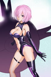 Rule 34 | 1girl, bad id, bad pixiv id, bare shoulders, black gloves, breasts, covered erect nipples, elbow gloves, fate/grand order, fate (series), gloves, hair over one eye, highleg, highleg leotard, highres, holding, large breasts, leotard, looking at viewer, mash kyrielight, navel, off shoulder, one eye covered, ontaros, parted lips, pink hair, purple eyes, shield, shiny skin, single thighhigh, smile, solo, thighhighs