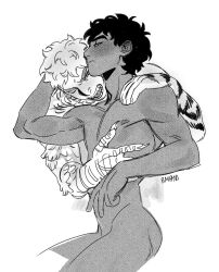 Rule 34 | 2boys, animal hands, arm around neck, arm up, artist name, bombyoon, claws, closed mouth, completely nude, cowboy shot, cropped legs, dark-skinned male, dark skin, dungeon meshi, fangs, feathers, greyscale, hand on another&#039;s chest, hand on another&#039;s shoulder, hand up, hands up, hashtag-only commentary, highres, imminent bite, kabru, laios touden, laios touden (chimera), looking at another, looking at viewer, male focus, monochrome, monster boy, multiple boys, nipples, nude, one eye closed, open mouth, short hair, simple background, slit pupils, white background, yaoi
