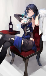 Rule 34 | 1girl, absurdres, asymmetrical gloves, bare shoulders, black hair, black pants, blue dress, blue hair, blush, bob cut, bottle, breasts, chair, cleavage, cleavage cutout, clothing cutout, crossed legs, diagonal bangs, dice, dress, earrings, fur-trimmed jacket, fur trim, genshin impact, gloves, green eyes, highres, jacket, jacket on shoulders, jewelry, large breasts, looking at viewer, lumo 1121, mismatched gloves, mole, mole on breast, multicolored hair, neck ring, pants, pelvic curtain, short hair, sitting, smile, solo, tassel, thighs, tight clothes, tight pants, two-tone hair, white jacket, wine bottle, yelan (genshin impact)