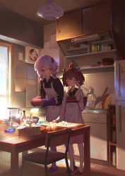 Rule 34 | 2girls, ahoge, apron, basket, black shirt, blush, bowl, brown hair, chair, closed eyes, closed mouth, collared shirt, commentary, cooking, cooking pot, cup, cutting board, cutting onions, day, drinking glass, faucet, frying pan, gloves, hand up, hands up, headgear, highres, holding, holding cooking pot, indoors, japanese clothes, kimono, kitchen, knife, leaning forward, light purple hair, long hair, long sleeves, looking at another, multiple girls, onion, purple eyes, purple footwear, purple gloves, purple legwear, red footwear, refrigerator, ribbed legwear, rubbing eyes, shirt, short hair, sleeves pushed up, slippers, smile, standing, table, tearing up, touhoku kiritan, twintails, vocaloid, voiceroid, white apron, white kimono, wing collar, yamamomo (plank), yuzuki yukari