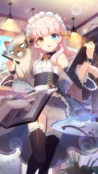 Rule 34 | 1girl, alternate costume, apron, armpits, bare shoulders, black dress, black thighhighs, bloomers, blue eyes, blurry, book, bow, bowtie, ceiling light, criin (659503), depth of field, detached sleeves, dress, eksistere kyrenia, enmaided, flat chest, frilled dress, frills, garter straps, girl cafe gun, heterochromia, highres, holding, indoors, long hair, looking at viewer, maid, maid apron, maid headdress, official art, orange eyes, parted lips, pen, pink hair, solo, stuffed animal, stuffed cat, stuffed toy, table, thighhighs, underbust, underwear, wide sleeves, wrist cuffs