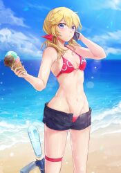Rule 34 | 1girl, absurdres, another eden, beach, bikini, blonde hair, blue eyes, blush, breasts, cellphone, day, food, highres, holding, holding food, holding ice cream, holding phone, ice cream, ice cream cone, long hair, low twintails, navel, ocean, open clothes, open shorts, outdoors, phone, renri (another eden), short shorts, shorts, sky, slime (user jpds8754), small breasts, smartphone, solo, swimsuit, thigh strap, twintails, water, water gun