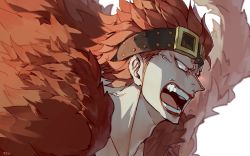 Rule 34 | 1boy, akazu kieshi, cape, captain kidd (world heroes), from side, headband, headphones, highres, male focus, one piece, red eyes, red hair, red lips, simple background, solo, spiked hair, veins, white background