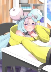 Rule 34 | 1girl, :t, absurdres, blurry, blurry background, blush, bow-shaped hair, chair, character hair ornament, closed mouth, commentary request, creatures (company), game freak, green hair, grey pantyhose, grey shirt, hair ornament, highres, indoors, iono (pokemon), jacket, long hair, mochitaro (mothitaroo), multicolored hair, nintendo, pantyhose, pink hair, pokemon, pokemon sv, purple eyes, shirt, sitting, sleeveless, sleeveless shirt, sleeves past fingers, sleeves past wrists, solo, table, two-tone hair, yellow jacket