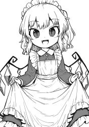 Rule 34 | 1girl, :d, clothes lift, crystal, dress, dress lift, fang, flandre scarlet, greyscale, highres, lifted by self, maid, maid headdress, monochrome, one side up, oninamako, open mouth, short hair, simple background, slit pupils, smile, solo, touhou, wings