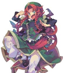 Rule 34 | 1girl, bell, black footwear, blue eyes, blush, braid, chinese clothes, fang, foot out of frame, green hat, hat, hat ornament, highres, hong meiling, jingle bell, long hair, long sleeves, morino hon, open mouth, pants, red hair, shoes, simple background, smile, solo, star (symbol), star hat ornament, touhou, twin braids, white background, white pants