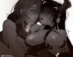 2girls absurdres bare_shoulders blush breasts cleavage elisbian elizabeth_rose_bloodflame elizabeth_rose_bloodflame_(1st_costume) greyscale highres hololive large_breasts long_hair mole mole_under_eye monochrome multiple_girls nerissa_ravencroft nerissa_ravencroft_(1st_costume) simple_background sweat trembling twitter_username upper_body very_long_hair white_background yuri