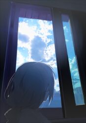 Rule 34 | 1girl, backlighting, bloom, blue sky, braid, cloud, cloudy sky, commentary, day, facing away, facing to the side, from below, from side, grey hair, indoors, kizuna akari, long hair, looking outside, open window, photo background, portrait, shirt, sky, solo, sunlight, v cho3, vocaloid, voiceroid, white shirt, window