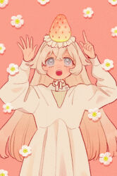 Rule 34 | 1girl, blonde hair, blue eyes, chin strap, commentary, dress, floral background, food, food on head, fruit, fukujumaru, hair flaps, hands up, highres, long hair, looking at viewer, object on head, open mouth, original, pointing, pointing up, red background, solo, strawberry, upper body, very long hair, white dress, white footwear
