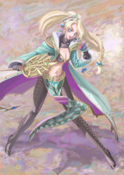 Rule 34 | 1girl, :d, argyle, argyle clothes, argyle legwear, atelier (series), atelier marie, belt, between fingers, black gloves, black pantyhose, blonde hair, blue eyes, braid, breasts, cleavage, earrings, female focus, fighting stance, full body, gloves, hair ornament, highres, holding, jewelry, long coat, looking at viewer, maelia juvi, marie (atelier), multiple braids, open mouth, pantyhose, parted bangs, smile, solo, staff, teeth, test tube