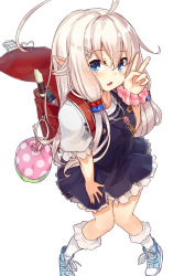 Rule 34 | 1girl, ahoge, backpack, bag, black dress, blue eyes, blush, bobby socks, dress, fang, flute, foreshortening, from above, hair ornament, hair tubes, hairclip, highres, instrument, jewelry, knees together feet apart, long hair, looking at viewer, looking up, original, parted lips, pendant, pointy ears, pouch, puffy short sleeves, puffy sleeves, randoseru, recorder, ruma imaginary, scrunchie, shoes, short sleeves, sidelocks, silver hair, smile, sneakers, socks, solo, standing, v, white socks, wrist scrunchie