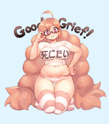 Rule 34 | 1girl, adjusting eyewear, ahoge, arched soles, artist name, belly, big hair, blush, borrowed character, breasts, bright pupils, character request, clothes writing, commentary, crop top, curvy, eyebrows hidden by hair, full body, glasses, grin, groin, halftone texture, hand up, head tilt, highres, huge ahoge, impossible clothes, impossible shirt, junkpuyo, kneeling, large breasts, legs, long hair, looking at viewer, low twintails, midriff, navel, no shoes, open mouth, original, panties, parted bangs, pink hair, pink panties, pink thighhighs, plump, purple-framed eyewear, purple eyes, semi-rimless eyewear, shirt, short sleeves, simple background, skindentation, smile, solo, stomach, striped clothes, striped panties, striped thighhighs, t-shirt, text background, thick thighs, thigh gap, thighhighs, thighs, translated, twintails, under-rim eyewear, underwear, very long hair, white pupils