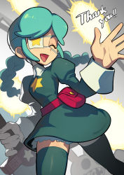 Rule 34 | annie (skullgirls), belt pouch, bloomers, boots, braid, eyepatch, closed eyes, green hair, hata4564, highres, holding, holding sword, holding weapon, juliet sleeves, long sleeves, open mouth, pouch, puffy sleeves, sagan (skullgirls), skirt, skullgirls, smile, sword, thigh boots, thighhighs, twin braids, underwear, waving, weapon