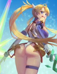 Rule 34 | 1girl, absurdres, armor, ass, back, bare shoulders, blonde hair, blue eyes, blue gloves, blue leotard, blue sky, blush, bradamante (fate), bradamante (first ascension) (fate), braid, breasts, crown braid, elbow gloves, energy barrier, energy shield, fate/grand order, fate (series), faulds, gloves, highleg, highleg leotard, highres, keka (user sgch4854), large breasts, leotard, long hair, looking at viewer, looking back, open mouth, scepter, sky, smile, solo, thigh strap, thighs, twintails, two-tone gloves, two-tone leotard, very long hair, white gloves, white leotard