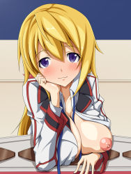 Rule 34 | 10s, 1girl, blonde hair, blush, breast slip, breasts, charlotte dunois, female focus, hair between eyes, head rest, head tilt, highres, infinite stratos, long hair, looking at viewer, mei ichi, nipples, one breast out, open clothes, open shirt, purple eyes, shirt, smile, solo, uniform, upper body