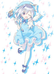 Rule 34 | 1girl, ;d, amane kanata, beret, blade (galaxist), blue bow, blue footwear, blue hat, blush, bob cut, bow, commentary request, dress, feathered wings, frilled dress, frilled thighhighs, frills, full body, grey hair, hair between eyes, hair ornament, halo, hat, holding, holding wand, hololive, mini wings, one eye closed, open mouth, puffy short sleeves, puffy sleeves, red eyes, shirt, shoes, short sleeves, simple background, single hair intake, sleeveless, sleeveless dress, smile, solo, sparkle, standing, standing on one leg, star halo, thighhighs, virtual youtuber, wand, white background, white shirt, white thighhighs, white wings, wings