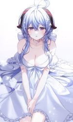 Rule 34 | 1girl, ahoge, bare shoulders, blue hair, breasts, choker, cleavage, collarbone, commentary request, detached sleeves, dress, frilled dress, frills, from above, ganyu (genshin impact), genshin impact, hair between eyes, hair ornament, highres, horns, long hair, looking at viewer, looking up, mattang, parted lips, purple eyes, sidelocks, simple background, sitting, solo, strapless, strapless dress, v arms, white background, white dress