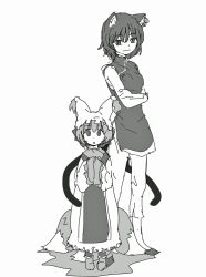 Rule 34 | 2girls, aged down, aged up, animal ears, bad id, bad pixiv id, cat ears, cat girl, cat tail, chen, child, crossed arms, digital (digital001), earrings, female focus, fox tail, greyscale, hands in opposite sleeves, jewelry, monochrome, multiple girls, multiple tails, no headwear, role reversal, short hair, smile, tail, touhou, yakumo ran