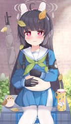 Rule 34 | 1girl, ahoge, animal, bird, black gloves, black hair, blue archive, blue serafuku, blue shirt, blue skirt, blush, clothes lift, commentary request, feet out of frame, gloves, green neckerchief, halo, headgear, highres, kana (kuaua), leaf, leaf on head, lifted by self, long sleeves, looking at viewer, miyu (blue archive), navel, neckerchief, pantyhose, parted lips, pleated skirt, puffy long sleeves, puffy sleeves, red eyes, sailor collar, school uniform, serafuku, shirt, shirt lift, sitting, skirt, solo, thermos, white pantyhose, white sailor collar