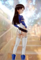 Rule 34 | 1girl, absurdres, alternate costume, ass, backlighting, black hair, blush, breasts, brown eyes, closed mouth, cosplay, feet out of frame, female focus, fin e ld si laffinty (cosplay), girls und panzer, hands on own hips, highres, hiyama yuu (wee259hiyama), long hair, looking at viewer, looking back, nishi kinuyo, outdoors, rinne no lagrange, small breasts, solo, standing, thighhighs, white thighhighs