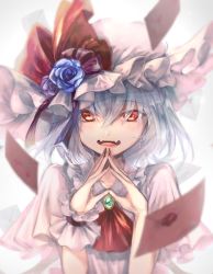 Rule 34 | 1girl, ascot, blue rose, brooch, commentary request, fangs, fingers together, flower, hair between eyes, hat, hat flower, hat ribbon, jewelry, letter, looking at viewer, mob cap, nail polish, puffy short sleeves, puffy sleeves, red eyes, red nails, red ribbon, remilia scarlet, ribbon, rose, short sleeves, simple background, smile, solo, touhou, upper body, wrist cuffs, yuki (popopo)