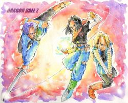 Rule 34 | 1girl, 2boys, android, android 17, android 18, black hair, blonde hair, blue hair, copyright name, denim, dragon ball, dragonball z, jeans, kougo haruka, md5 mismatch, multiple boys, pants, pantyhose, shoes, siblings, sword, torn clothes, trunks (dragon ball), trunks (future) (dragon ball), v arms, weapon