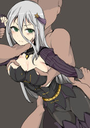 Rule 34 | 1girl, 4boys, grabbing another&#039;s breast, breasts, character request, cleavage, clothed female nude male, copyright request, dress, faceless, faceless male, fingerless gloves, gloves, grabbing, grabbing another&#039;s chin, green eyes, grey background, grey hair, hair ornament, highres, holding another&#039;s wrist, long hair, molestation, mos yen, multiple boys, nipples, nude, simple background, star (symbol), star hair ornament