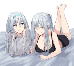 Rule 34 | 2girls, ak-12 (girls&#039; frontline), an-94 (girls&#039; frontline), blue eyes, bodysuit, breasts, cleavage, closed eyes, collarbone, girls&#039; frontline, hairband, highres, long hair, looking at another, lying, medium breasts, multiple girls, silver hair, smile, talnory, white background