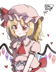 Rule 34 | 1girl, :t, alternate eye color, ascot, back bow, blonde hair, blue hair, bow, collared shirt, crystal, d9ysbx288350, flandre scarlet, frilled shirt, frilled sleeves, frills, gem, hair between eyes, hat, hat bow, heart, holding, holding stuffed toy, looking at viewer, medium hair, mob cap, pout, puffy short sleeves, puffy sleeves, red ascot, red bow, red ribbon, remilia scarlet, ribbon, shirt, short sleeves, sidelocks, stuffed toy, touhou, upper body, v-shaped eyebrows, white background, white headwear, white shirt, wings, yellow eyes