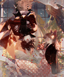 Rule 34 | 1boy, 1girl, artist name, asymmetrical hair, bat (animal), black cape, black coat, black eyes, black hair, bow, brown hair, cape, chain, coat, collared coat, commentary request, crossed arms, dress, earrings, eye contact, falling petals, flower, from side, glint, hair bow, holding, holding flower, jewelry, kawacy, looking at another, original, petals, pink dress, plant, pointy ears, polka dot, polka dot dress, ponytail, red bow, red coat, red eyes, red flower, sitting, smile, upside-down, vampire, window