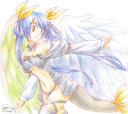 Rule 34 | 1girl, absurdres, arc system works, asymmetrical wings, bad id, bad pixiv id, bare shoulders, blue hair, bow, breasts, colored pencil (medium), dizzy (guilty gear), guilty gear, hair bow, highres, large breasts, looking back, midriff, ribbon, smile, solo, suppy, tail, tail ornament, tail ribbon, traditional media, twintails, underboob, wings
