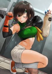 Rule 34 | 1girl, belt, breasts, brown belt, brown eyes, brown gloves, brown hair, final fantasy, final fantasy vii, from side, gloves, hands up, headband, highres, holding, holding weapon, indoors, izawa (bhive003), kunai, large breasts, looking at viewer, navel, ninja, one eye closed, on one knee, red footwear, shoes, short hair, shorts, shoulder plates, skindentation, solo, tongue, tongue out, turtleneck, weapon, white shorts, yuffie kisaragi