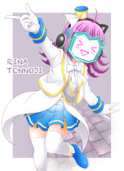 Rule 34 | &gt; &lt;, 1girl, animal ear headphones, animal ears, artist name, artist request, blue footwear, blue skirt, blunt bangs, blush, boots, bow, breasts, buttons, cat ear headphones, collared shirt, cropped jacket, dress, dress shirt, fake animal ears, female focus, flat chest, gloves, hat, head-mounted display, headphones, jacket, long sleeves, looking at viewer, love live!, love live! nijigasaki high school idol club, love live! school idol festival, mask, mini hat, miniskirt, musical note, nijiiro passion!, nijiiro passions! (love live!), parted lips, pink hair, plaid, plaid skirt, pleated, pleated skirt, pointing, pointing up, rainbow-colored passions!, sash, screen, shako cap, shirt, shoes, short hair, skirt, sleeve cuffs, small breasts, smile, solo, standing, standing on one leg, tennoji rina, vest, white background, white bow, white gloves, white jacket, white legwear, white shirt, white vest, wing collar