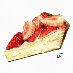 artist_name commentary_request food food_focus fruit_tart highres no_humans ocome_sumesh original simple_background still_life strawberry_tart tart_(food) tart_slice white_background