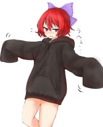 Rule 34 | 1girl, bad id, bad pixiv id, black hoodie, blush, bow, commentary request, cowboy shot, flying sweatdrops, hair between eyes, hair bow, highres, hood, hood down, hoodie, looking at viewer, outstretched arms, oversized clothes, purple bow, red eyes, red hair, ribbon trim, sekibanki, short hair, simple background, sleeves past fingers, sleeves past wrists, solo, sweat, sweatdrop, touhou, white background, yosususususu