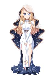 Rule 34 | 1girl, blonde hair, blue eyes, blush, breasts, detached sleeves, dress, full body, kirara fantasia, large breasts, long hair, looking at viewer, own hands together, parted lips, pelvic curtain, sideboob, simple background, solo, standing, star (symbol), star print, tokunou shoutarou, transparent background, v arms, veil