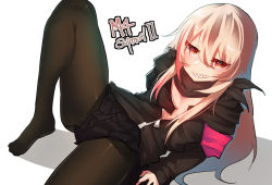 Rule 34 | 1girl, arm support, armband, bad id, bad pixiv id, black jacket, black pantyhose, blonde hair, character name, commentary, eyelashes, eyes visible through hair, girls&#039; frontline, grin, hair between eyes, half-closed eyes, jacket, knee up, long hair, long sleeves, looking at viewer, lying, m4 sopmod ii (girls&#039; frontline), meow nyang, multicolored hair, no shoes, on back, open clothes, open jacket, pantyhose, parted bangs, red eyes, red hair, sharp teeth, simple background, smile, solo, streaked hair, teeth, two-tone hair, unzipped, white background, zipper, zipper pull tab