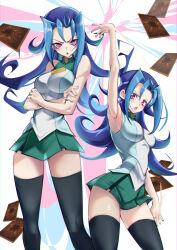 Rule 34 | 1girl, arm up, artist request, bare shoulders, blue hair, blush, breasts, crossed arms, kamishiro rio, long hair, looking at viewer, medium breasts, miniskirt, multicolored hair, multiple views, open mouth, plaid, plaid skirt, red eyes, school uniform, shiny skin, simple background, skirt, solo, two-tone hair, very long hair, wide hips, yu-gi-oh!, yuu-gi-ou, yuu-gi-ou zexal