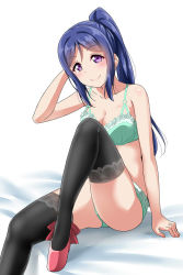 Rule 34 | 1girl, aqua bra, aqua panties, bed sheet, black thighhighs, blue hair, blush, bra, breasts, cleavage, commentary request, high heels, knee up, lace, lace-trimmed legwear, lace trim, light blush, lingerie, long hair, looking at viewer, love live!, love live! sunshine!!, matsuura kanan, medium breasts, panties, ponytail, purple eyes, red footwear, sitting, smile, solo, thighhighs, underwear, underwear only, yopparai oni