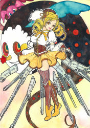Rule 34 | 10s, 1girl, beret, blonde hair, boots, breasts, brown thighhighs, charlotte (madoka magica), corset, detached sleeves, drill hair, fingerless gloves, gloves, gun, hair ornament, hairpin, hat, knee boots, large breasts, magical girl, magical musket, mahou shoujo madoka magica, mahou shoujo madoka magica (anime), pleated skirt, puffy sleeves, ribbon, sayococco, skirt, smile, solo, striped clothes, striped thighhighs, thighhighs, tomoe mami, twin drills, twintails, vertical-striped clothes, vertical-striped thighhighs, weapon, yellow eyes, zettai ryouiki
