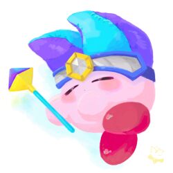 Rule 34 | bekko pupupu, blue background, closed eyes, closed mouth, copy ability, highres, holding, holding rod, holding weapon, kirby, kirby (series), lying, mirror kirby, nintendo, on side, rod, sleeping, weapon, white background