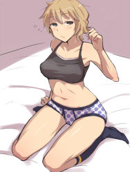 Rule 34 | 10s, 1girl, adjusting hair, blush, brave witches, briefs, classic fly briefs, em (totsuzen no hakike), female focus, grey eyes, light brown hair, male underwear, panties, polka dot, polka dot panties, seiza, short hair, sitting, socks, solo, sports bra, strike witches, underwear, underwear only, waltrud krupinski, world witches series