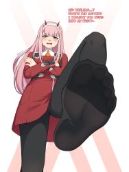 Rule 34 | 1girl, blush, darling in the franxx, english text, feet, foot focus, green eyes, highres, horns, lululewd, open mouth, pantyhose, pink hair, solo, zero two (darling in the franxx)