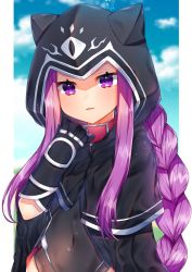 Rule 34 | 1girl, akirannu, black gloves, blush, braid, cloud, collar, commentary request, covered navel, fate/grand order, fate (series), gloves, highres, hood, hood up, long hair, looking at viewer, medusa (fate), medusa (lancer) (fate), medusa (rider) (fate), open mouth, outdoors, pink collar, purple eyes, purple hair, rider, solo, very long hair