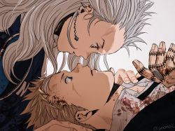 Rule 34 | 1boy, 1girl, black jacket, black neckwear, blonde hair, blood, blood on clothes, blood on face, blue eyes, blue jacket, brown eyes, collared shirt, dorohedoro, dress shirt, earrings, forehead, highres, jacket, jewelry, leaning forward, long hair, looking at another, lying, noi (dorohedoro), on back, open mouth, profile, shin (dorohedoro), shirt, short hair, silver hair, simple background, spiked hair, stitches, twitter username, upper body, white background, white shirt, yooooi